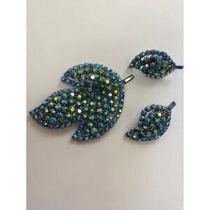 vintage 1950s Julianna aqua rhinestone brooch and earrings 50s jewelry set leaf